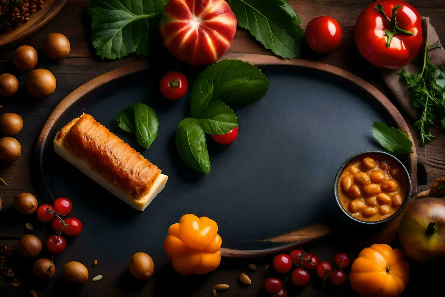 food on a black board with vegetables and fruits. AI-Generated photo