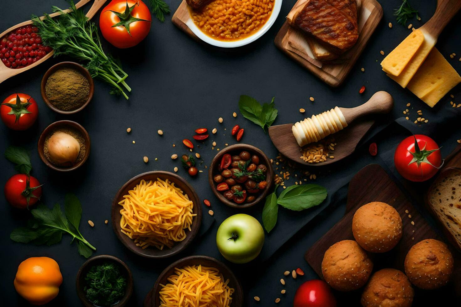 various types of food are arranged on a black background. AI-Generated photo