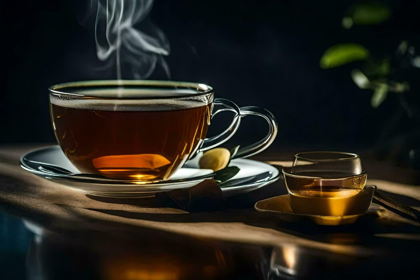 a cup of tea with a glass of water on a wooden table. AI-Generated photo