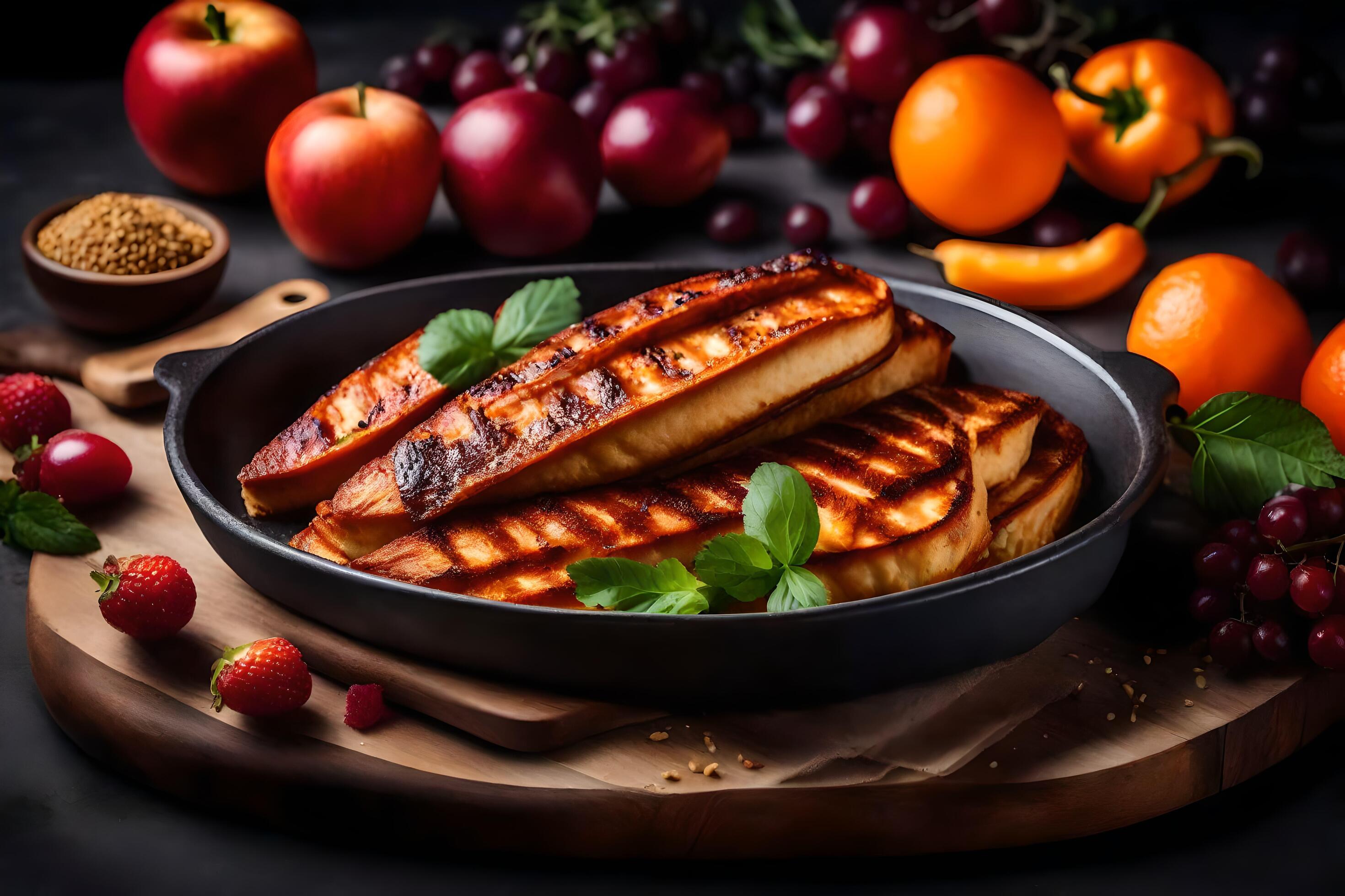 grilled tofu in a pan with fruit and vegetables. AIGenerated 33745012