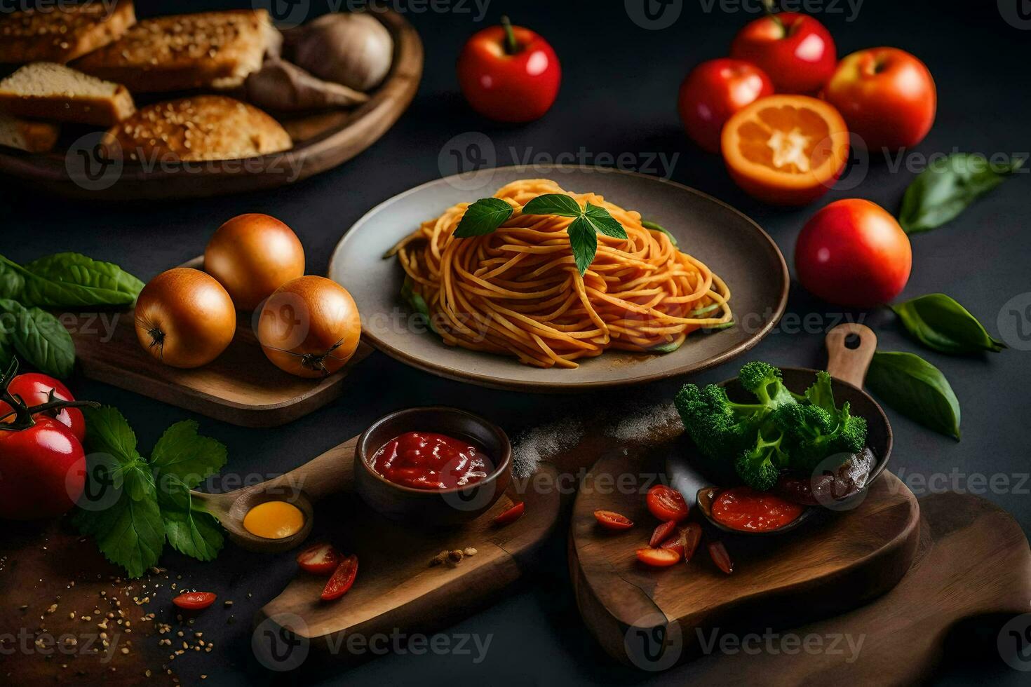 spaghetti with tomato sauce, bread, tomatoes, basil and other ingredients on a dark table. AI-Generated photo