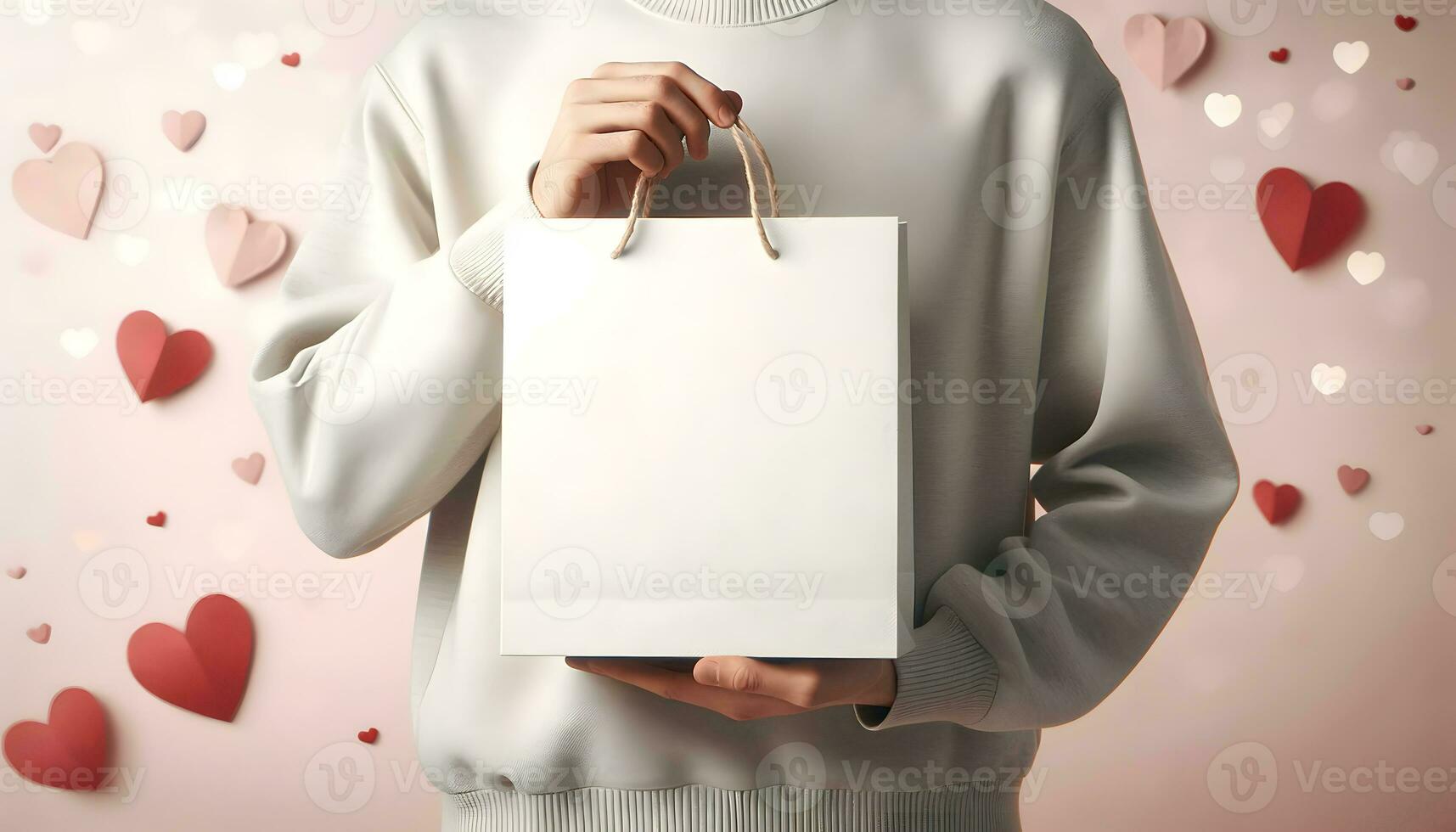 Female person with oversized hoodie is holding a blank white gift bag mockup photo with pink valentine background, ai generated