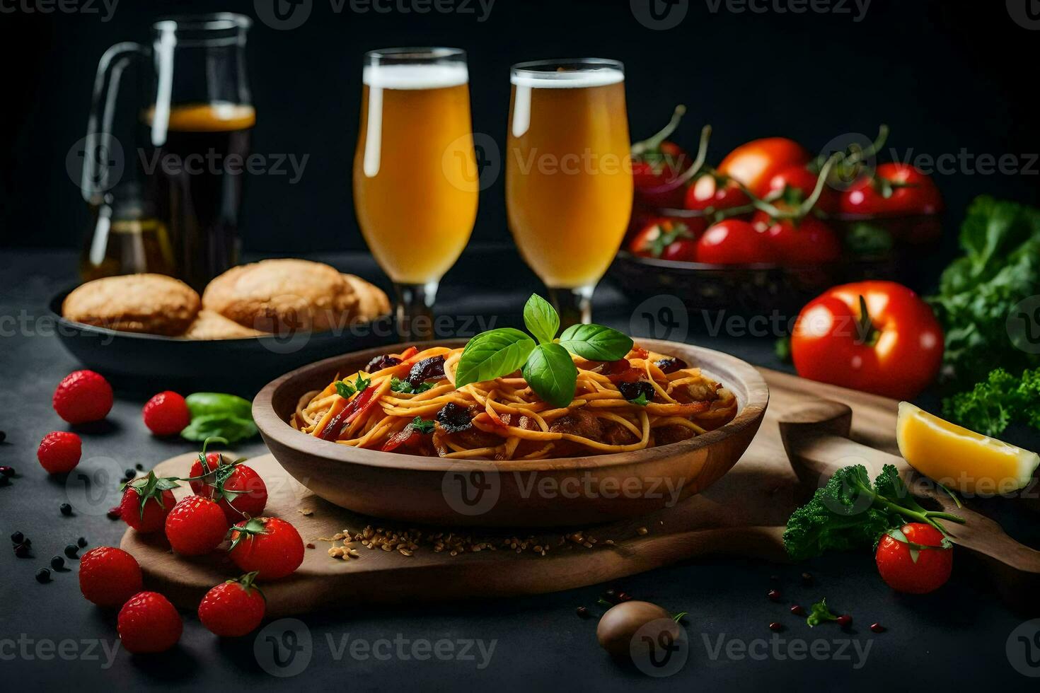 spaghetti with tomato sauce, bread and beer on a dark table. AI-Generated photo