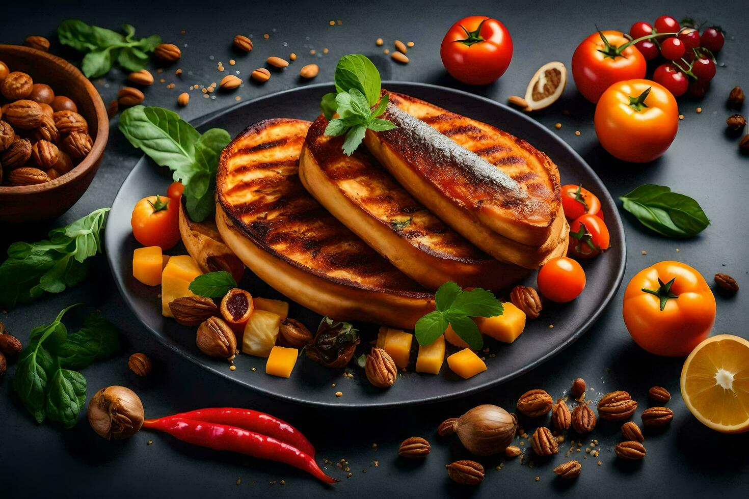 grilled pork chops with vegetables and nuts on a black background. AI-Generated photo