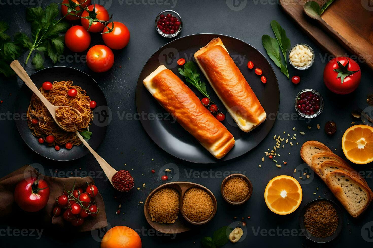 a variety of food on a black table. AI-Generated photo