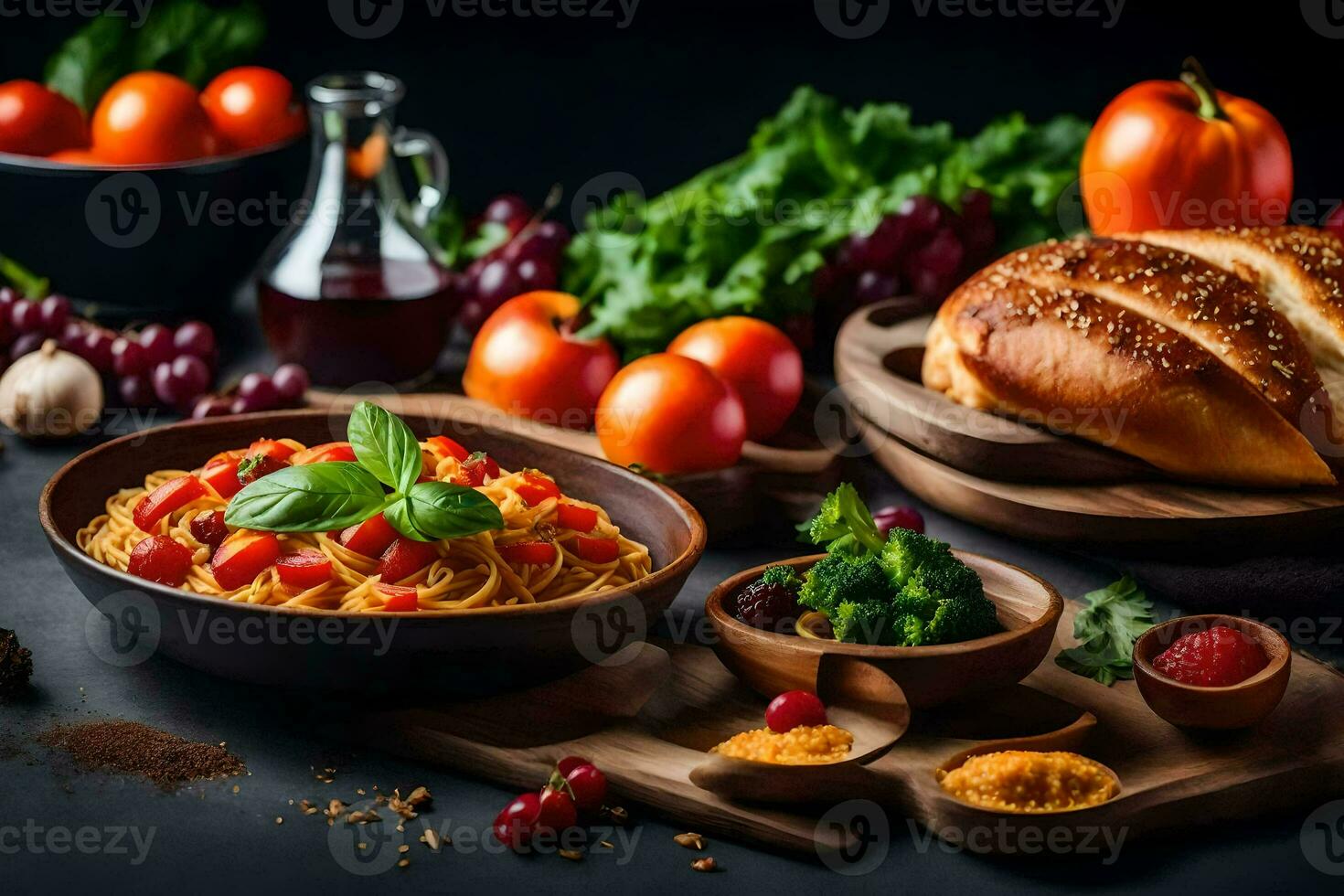 spaghetti with tomatoes, bread and vegetables on a black table. AI-Generated photo