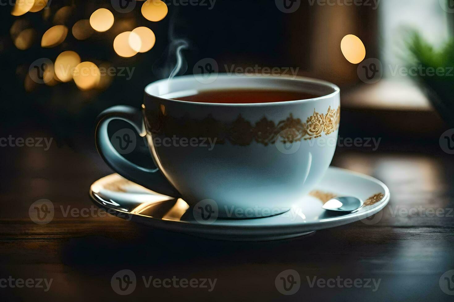 a cup of tea on a wooden table. AI-Generated photo