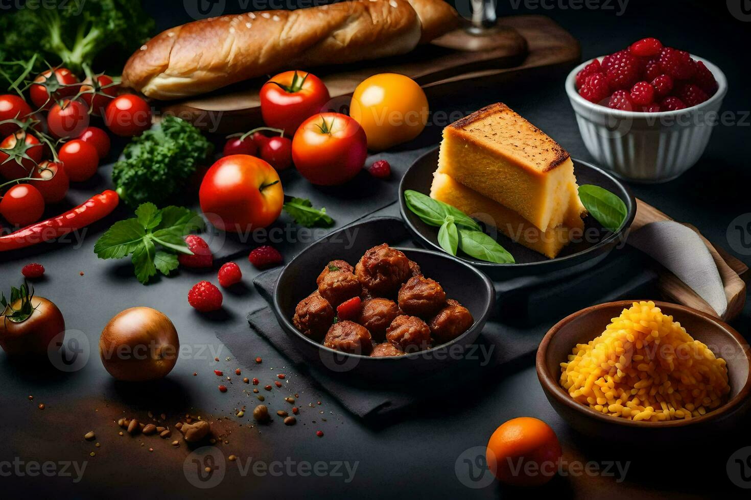 various foods including bread, cheese, meat, vegetables and fruit. AI-Generated photo
