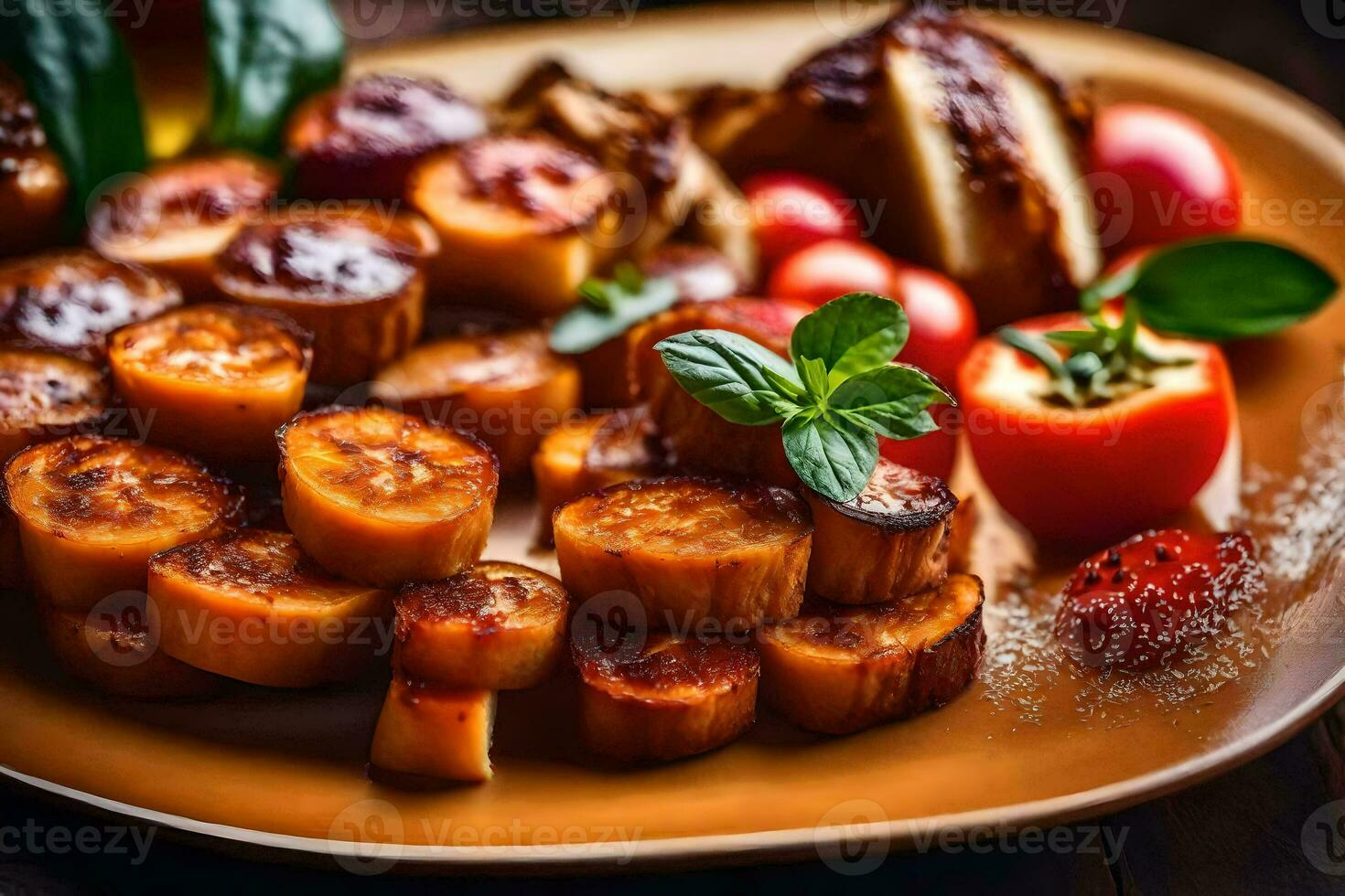 a plate of food with potatoes and tomatoes. AI-Generated photo