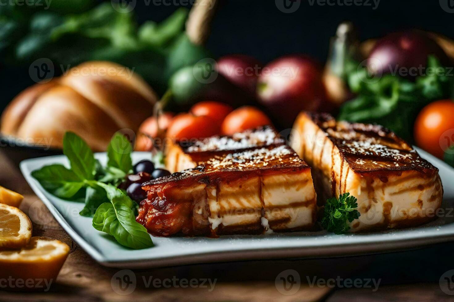 A la parrilla salmón en un plato con vegetales. generado por ai foto
