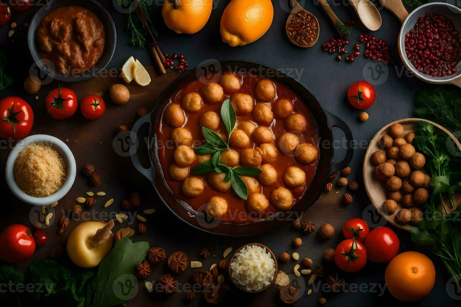 italian food with meatballs and vegetables on a black background. AI-Generated photo