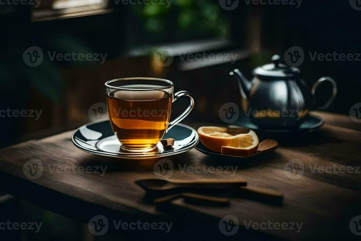 a cup of tea on a wooden table. AI-Generated photo