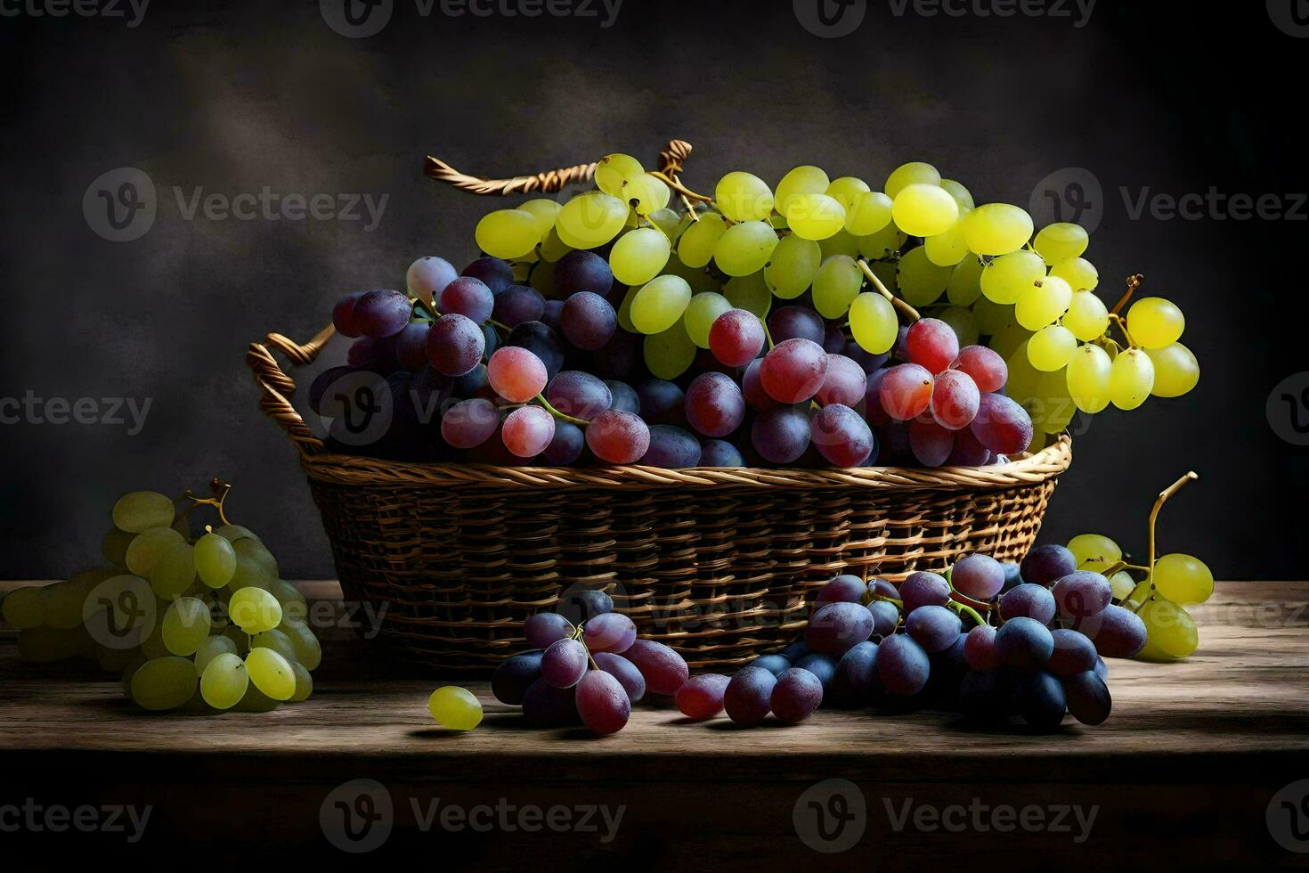 grapes in a basket on a table. AI-Generated photo