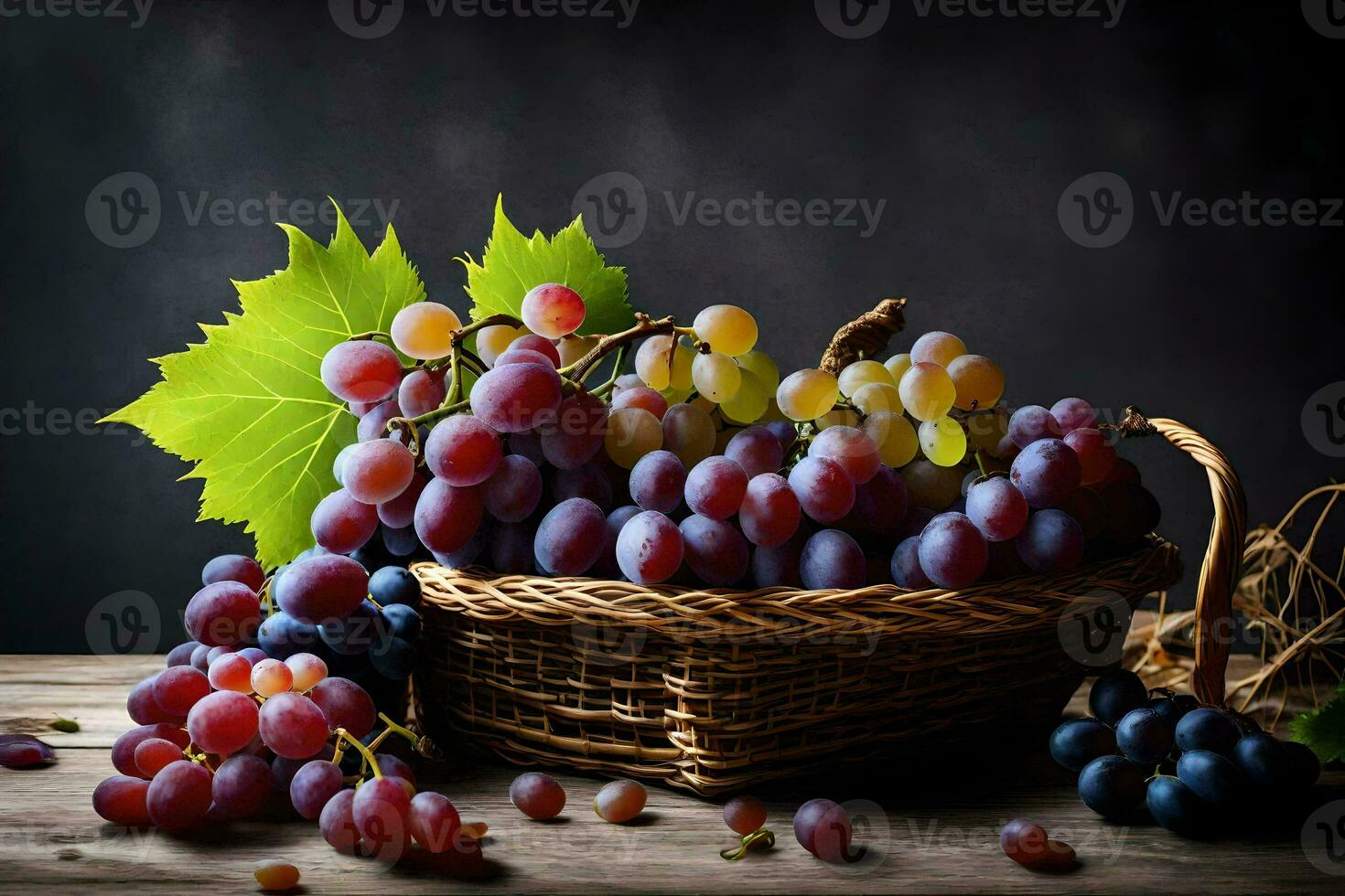 grapes in a basket on a wooden table. AI-Generated photo