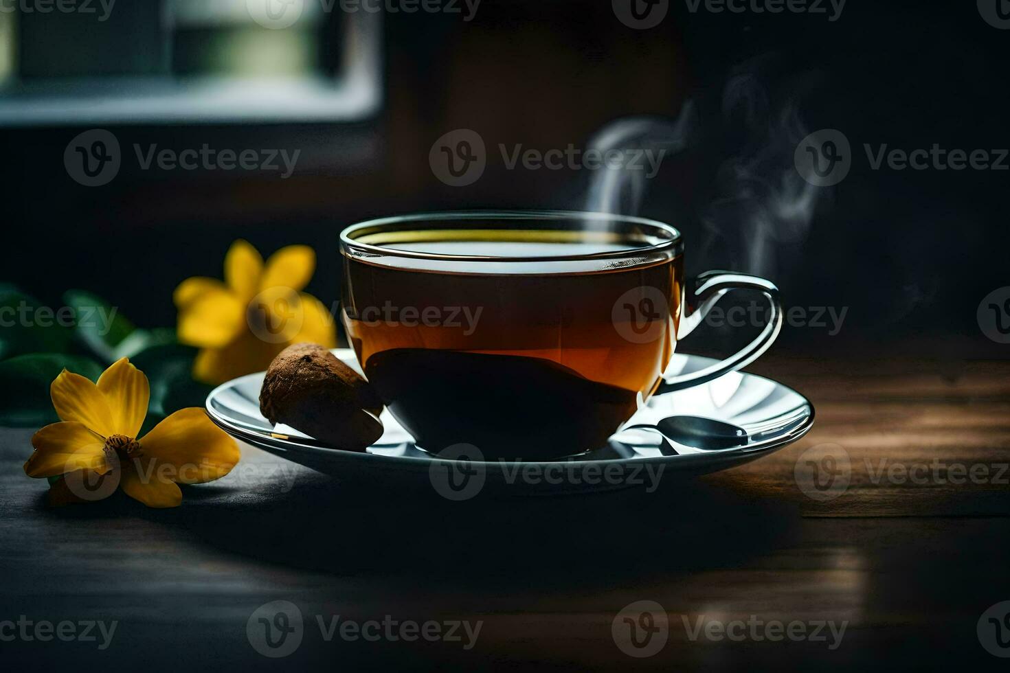 a cup of tea on a wooden table. AI-Generated photo