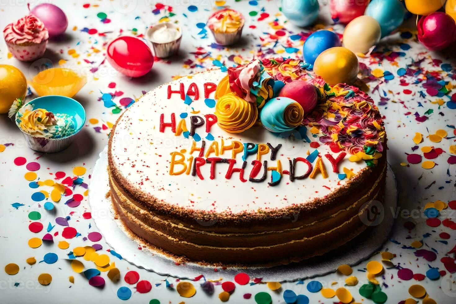 contento cumpleaños pastel con vistoso papel picado y globos generado por ai foto