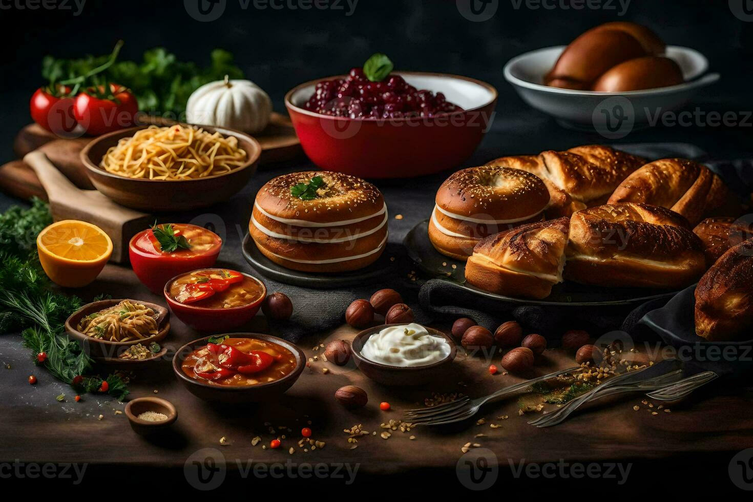 various foods including bread, eggs, and vegetables. AI-Generated photo