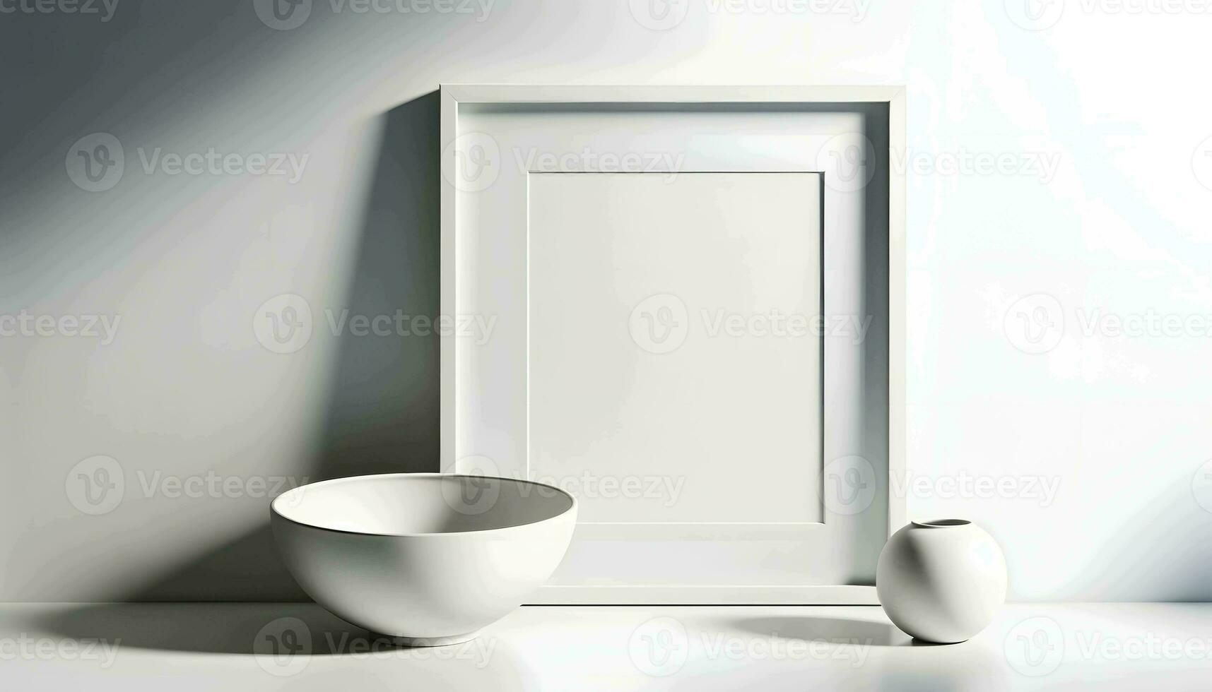 Blank white wall art frame with interior objects on a shelf with white background mockup template photo, ai generated photo