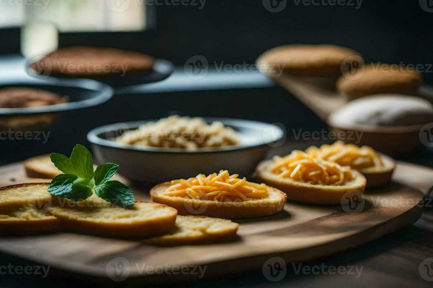 a wooden cutting board with bread and cheese. AI-Generated photo