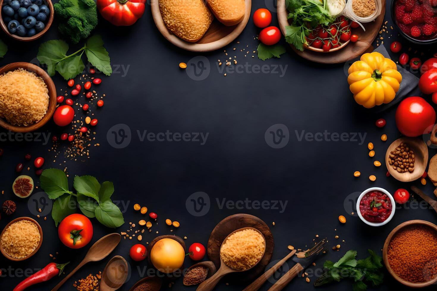 various types of food on a black background. AI-Generated photo