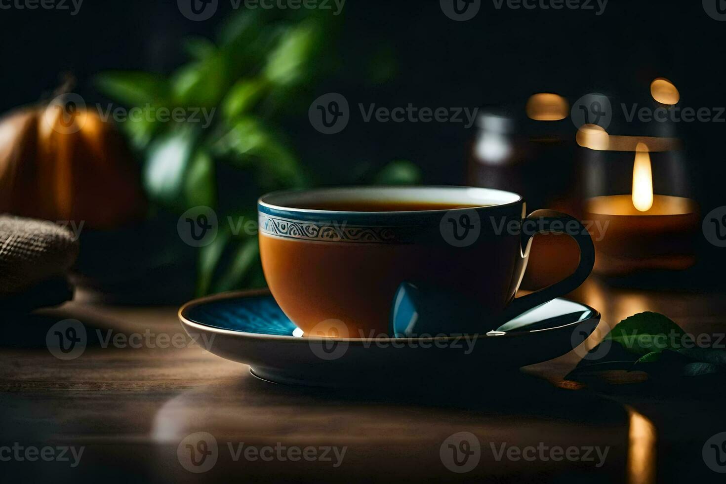 a cup of tea on a wooden table. AI-Generated photo