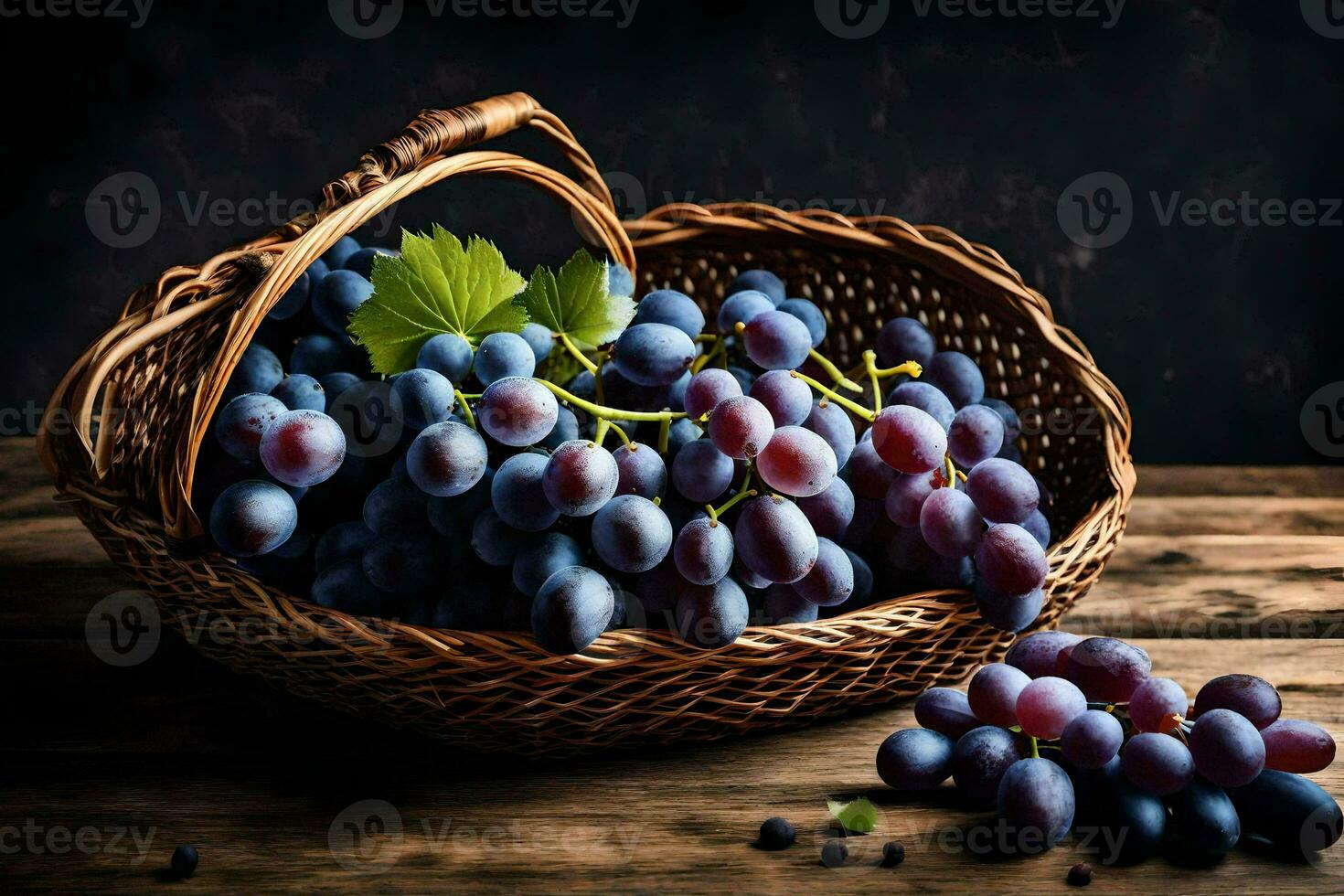 grapes in a basket on a wooden table. AI-Generated photo