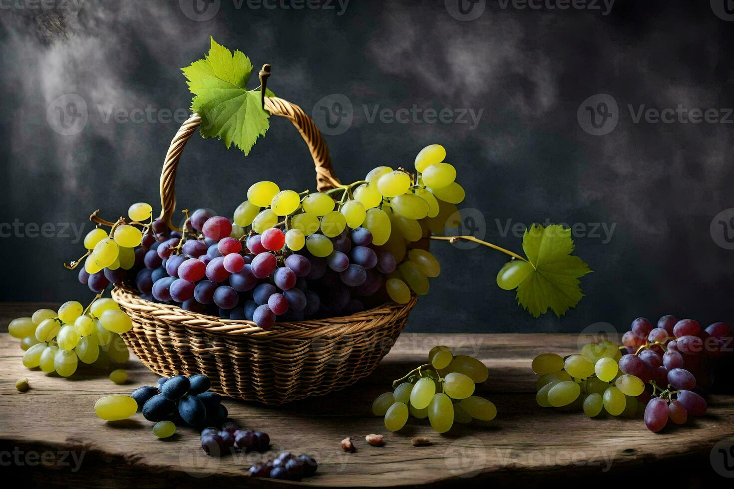 grapes in a basket on a table. AI-Generated photo