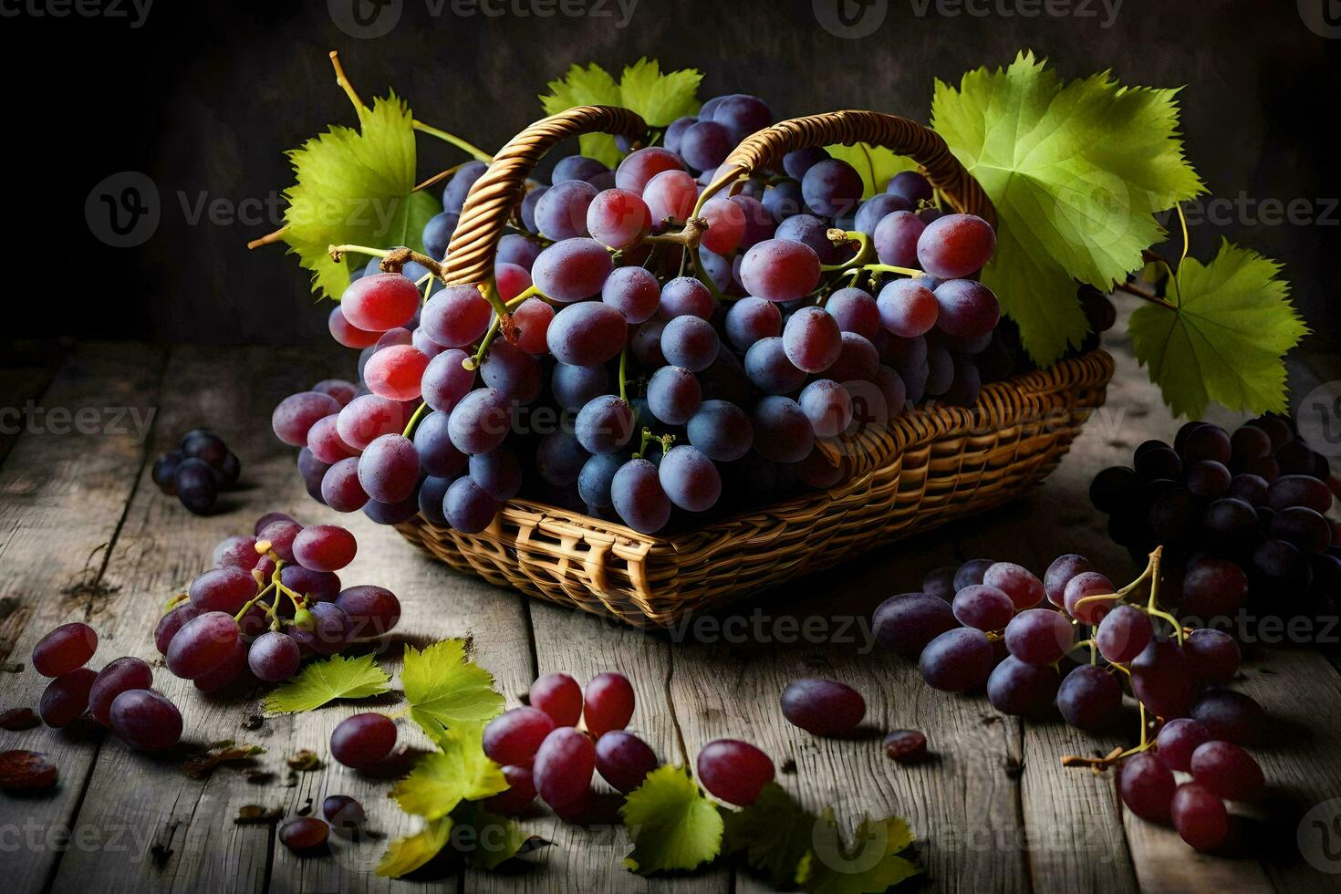 grapes in basket on wooden table. AI-Generated photo