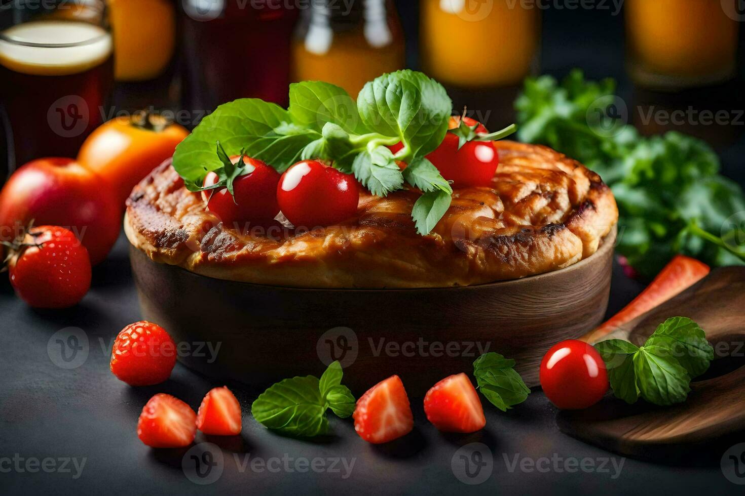 a pie with fresh tomatoes and strawberries on a black background. AI-Generated photo