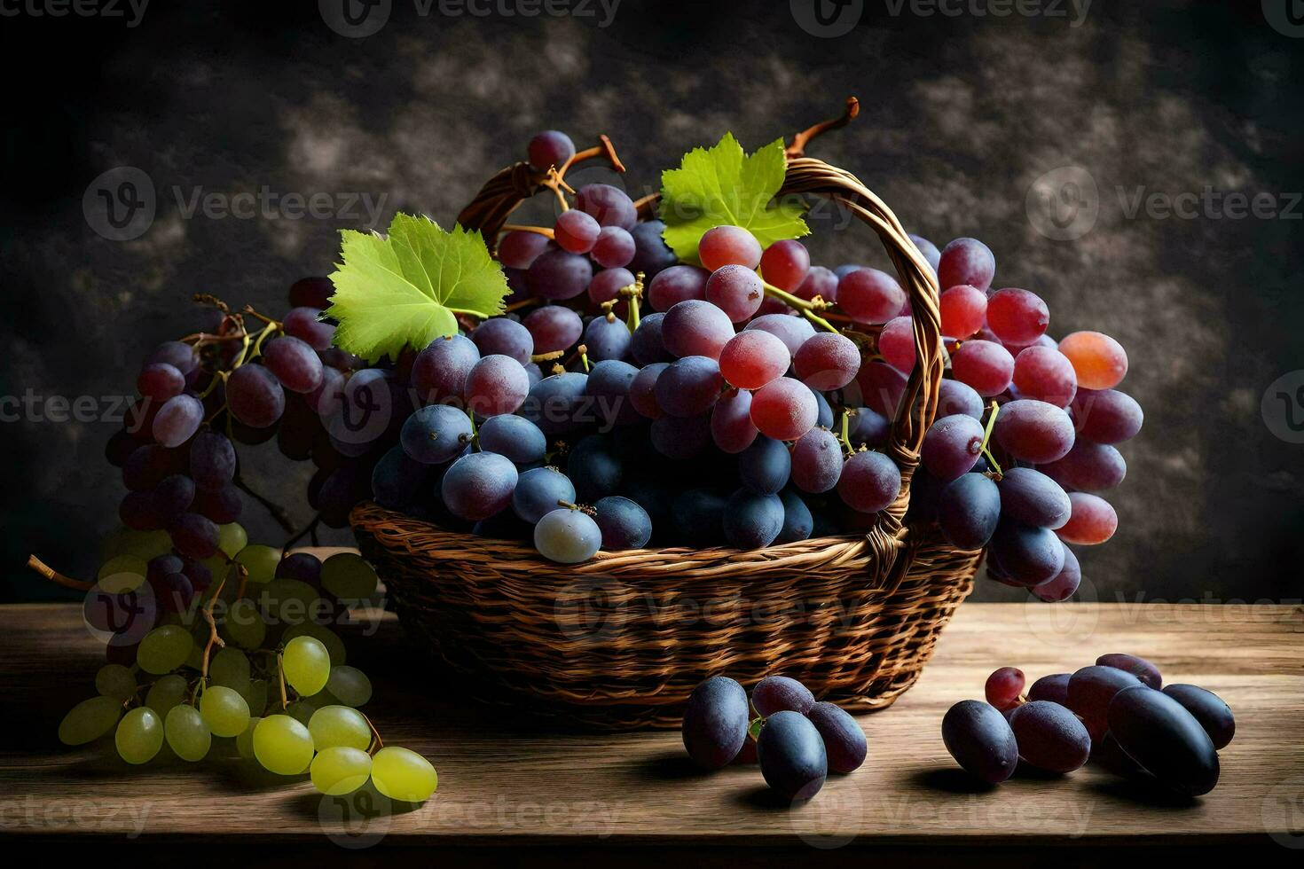 grapes in a basket on a table. AI-Generated photo