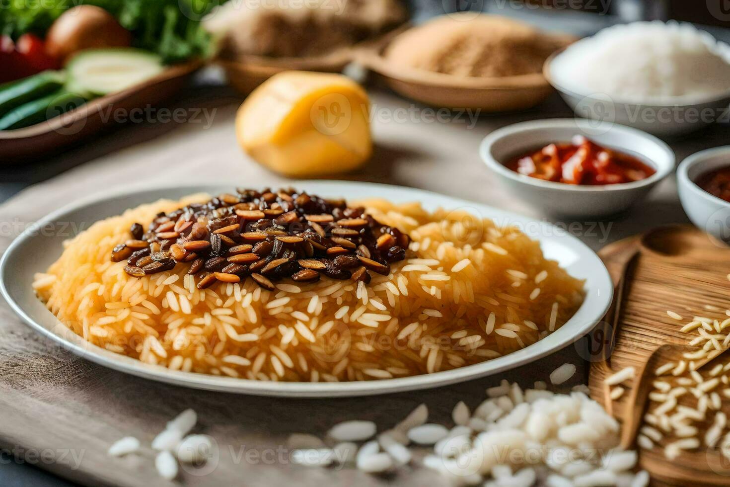 a plate of rice with various ingredients on a table. AI-Generated photo