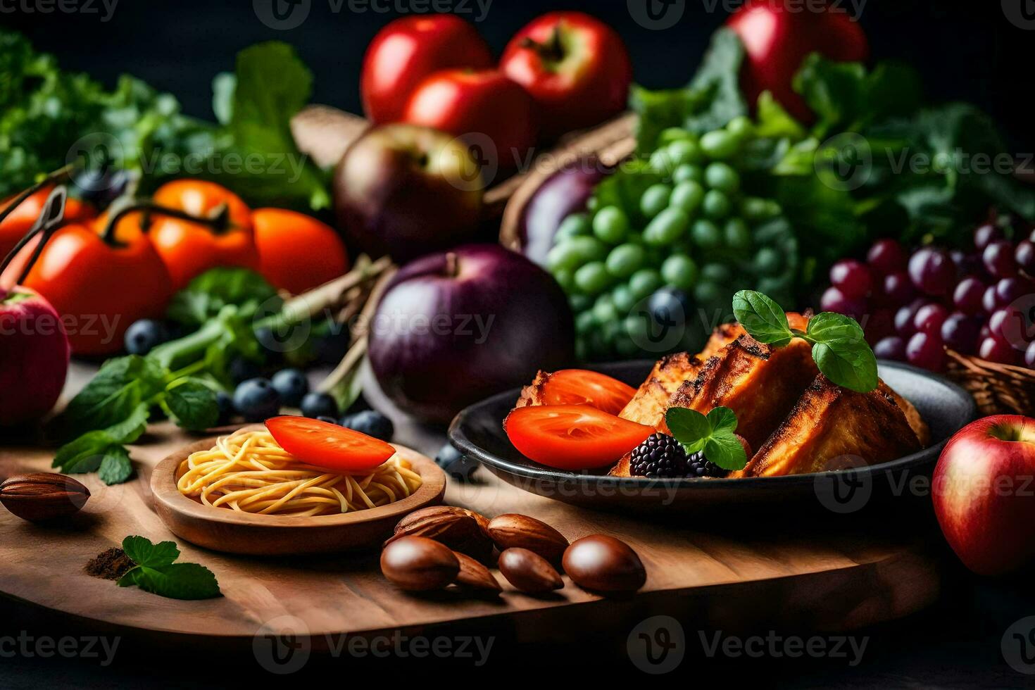 a variety of fruits and vegetables are on a table. AI-Generated photo