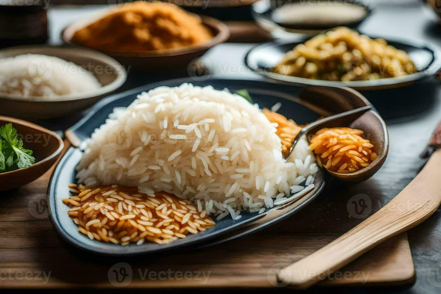 a table with bowls of rice, spices and other ingredients. AI-Generated photo