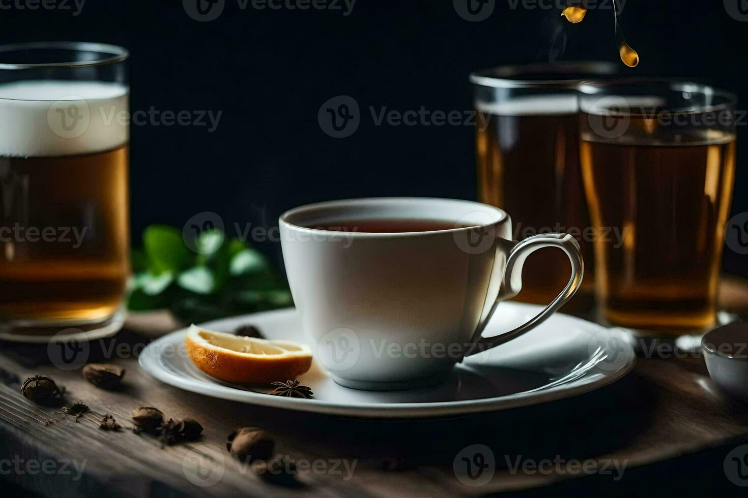 a cup of tea and two glasses of beer. AI-Generated photo