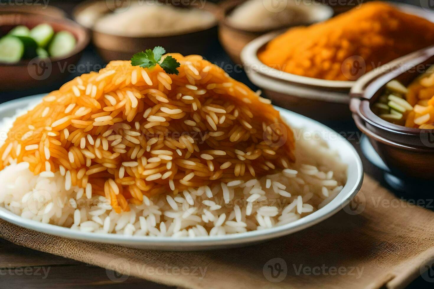 arroz y curry en bochas en un de madera mesa. generado por ai foto