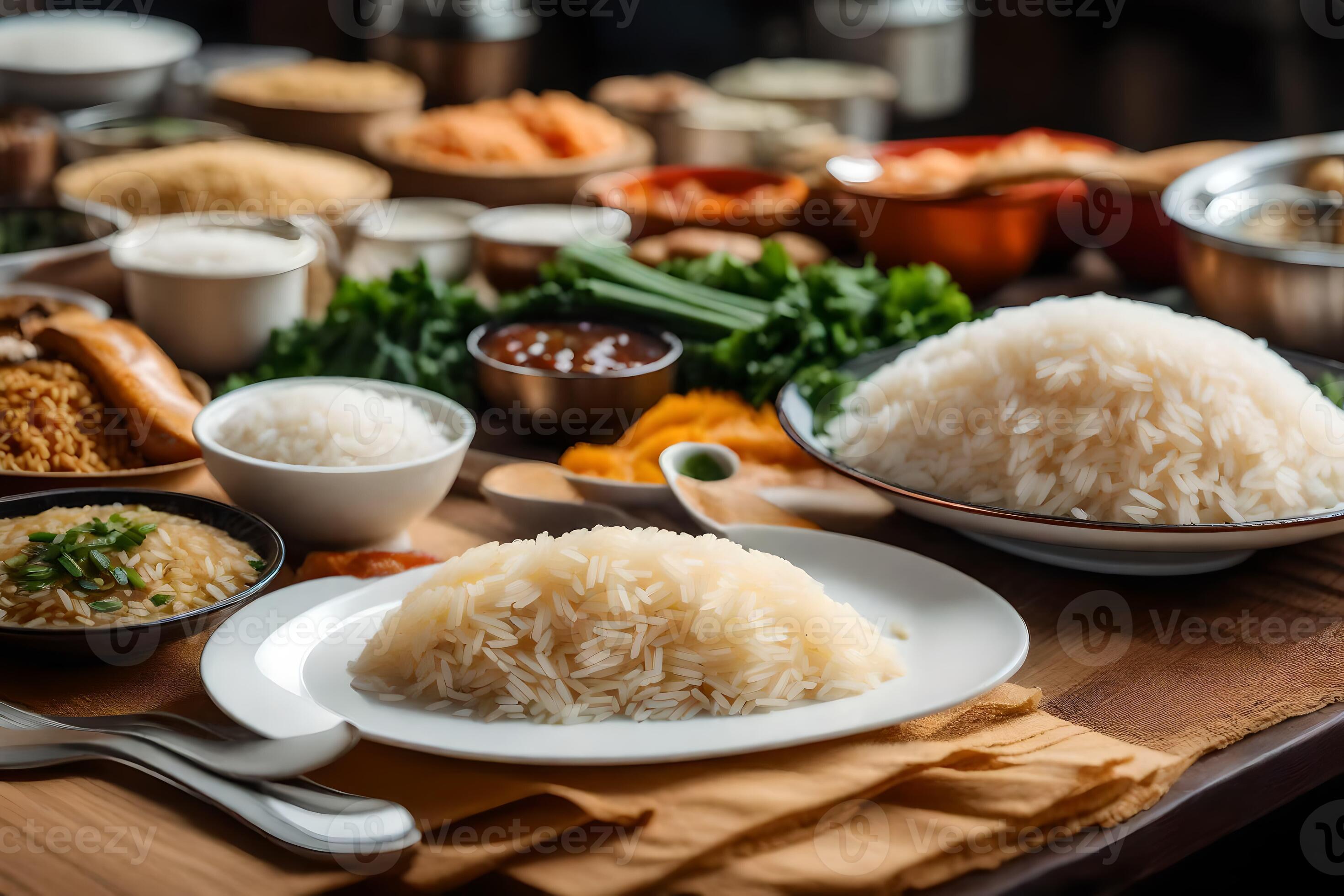 various types of rice dishes on a table. AIGenerated 33748541 Stock