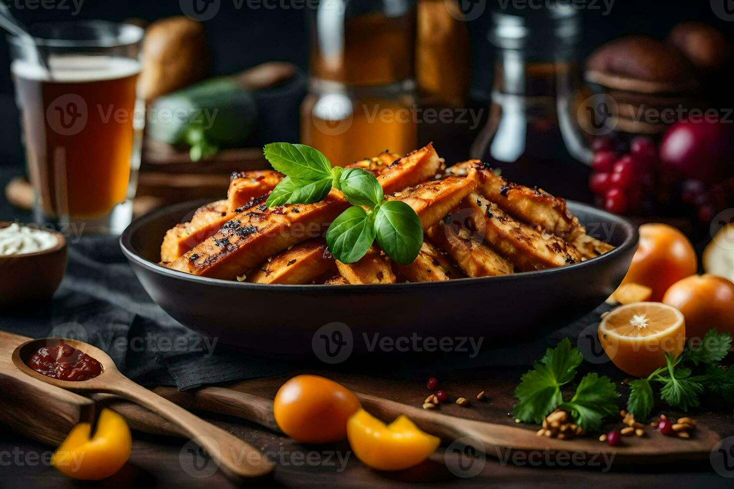 grilled chicken in a bowl with vegetables and spices. AI-Generated photo