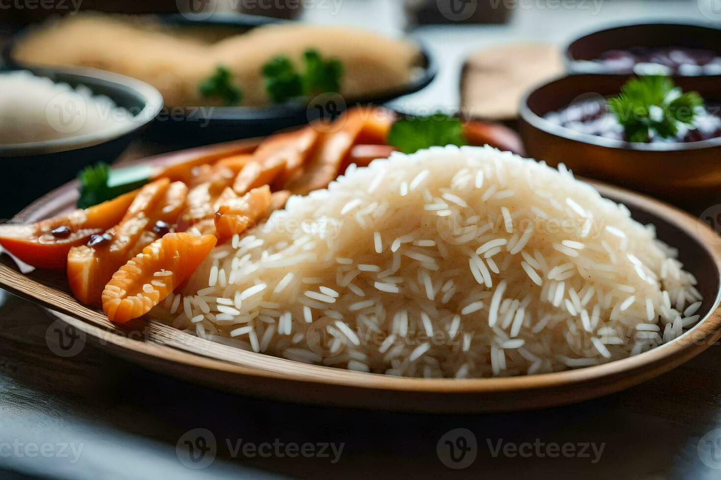 a plate of rice, carrots and other dishes. AI-Generated photo