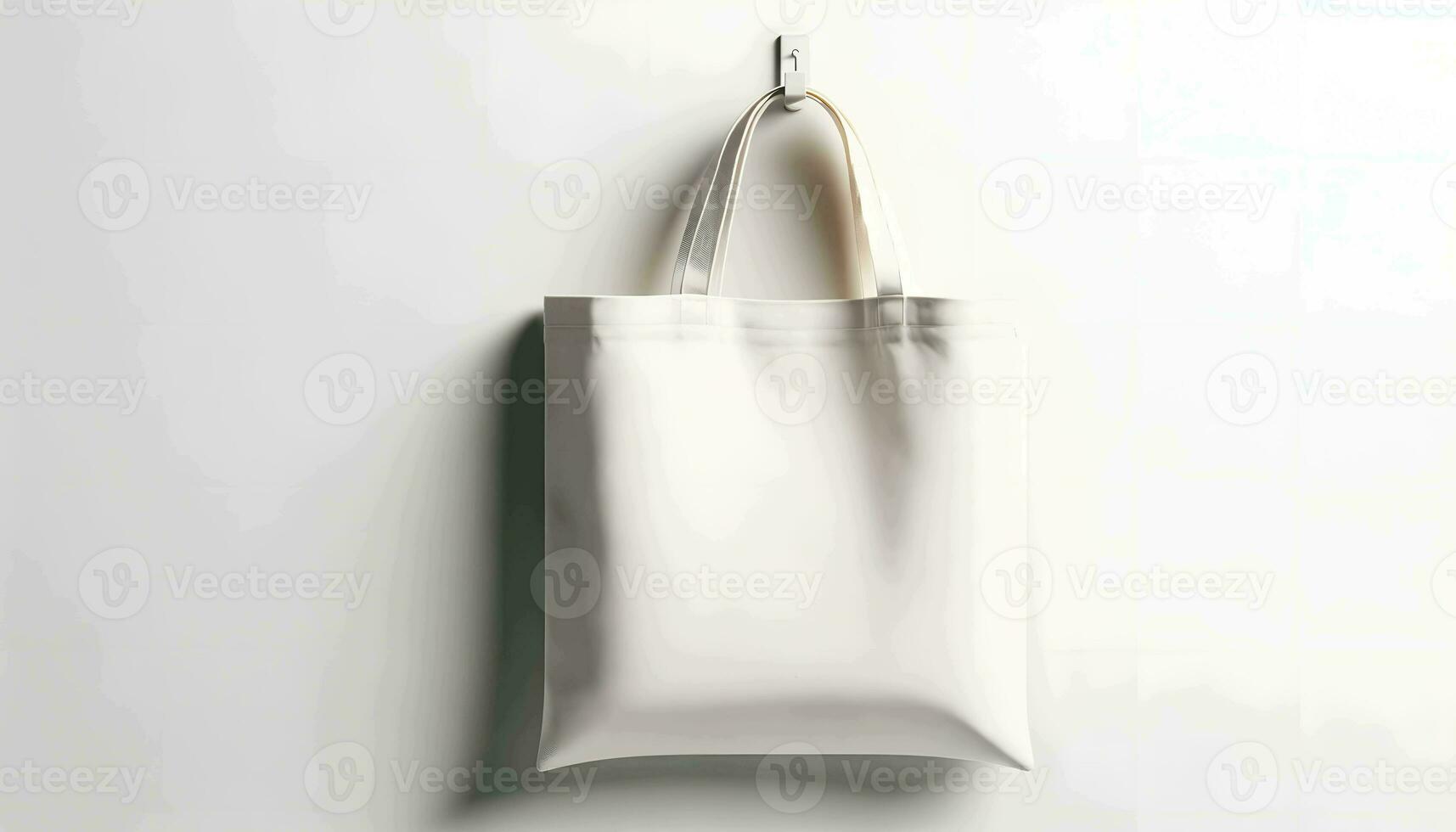 Blank white canvas bag hanging on wall with white background mockup template photo, ai generated photo