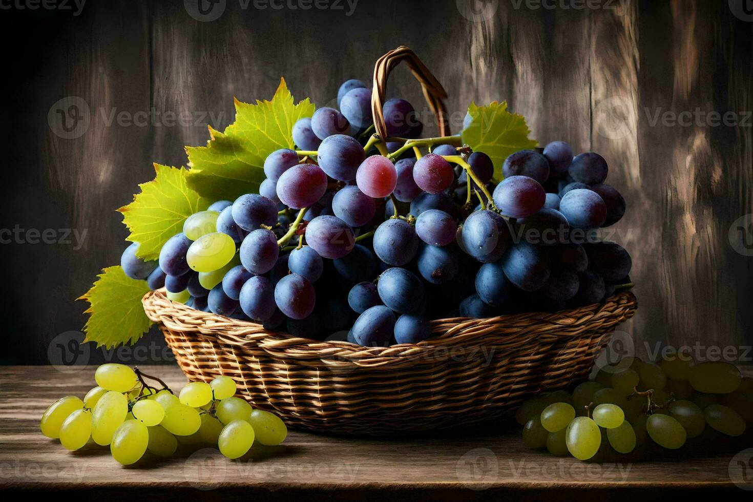 grapes in a basket on a wooden table. AI-Generated photo