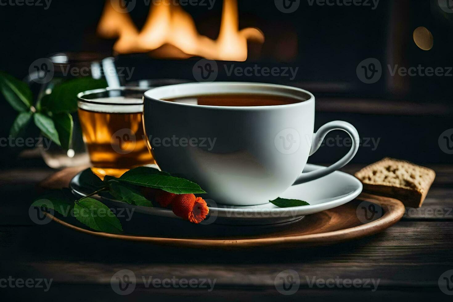 a cup of tea and a cup of coffee on a wooden table. AI-Generated photo