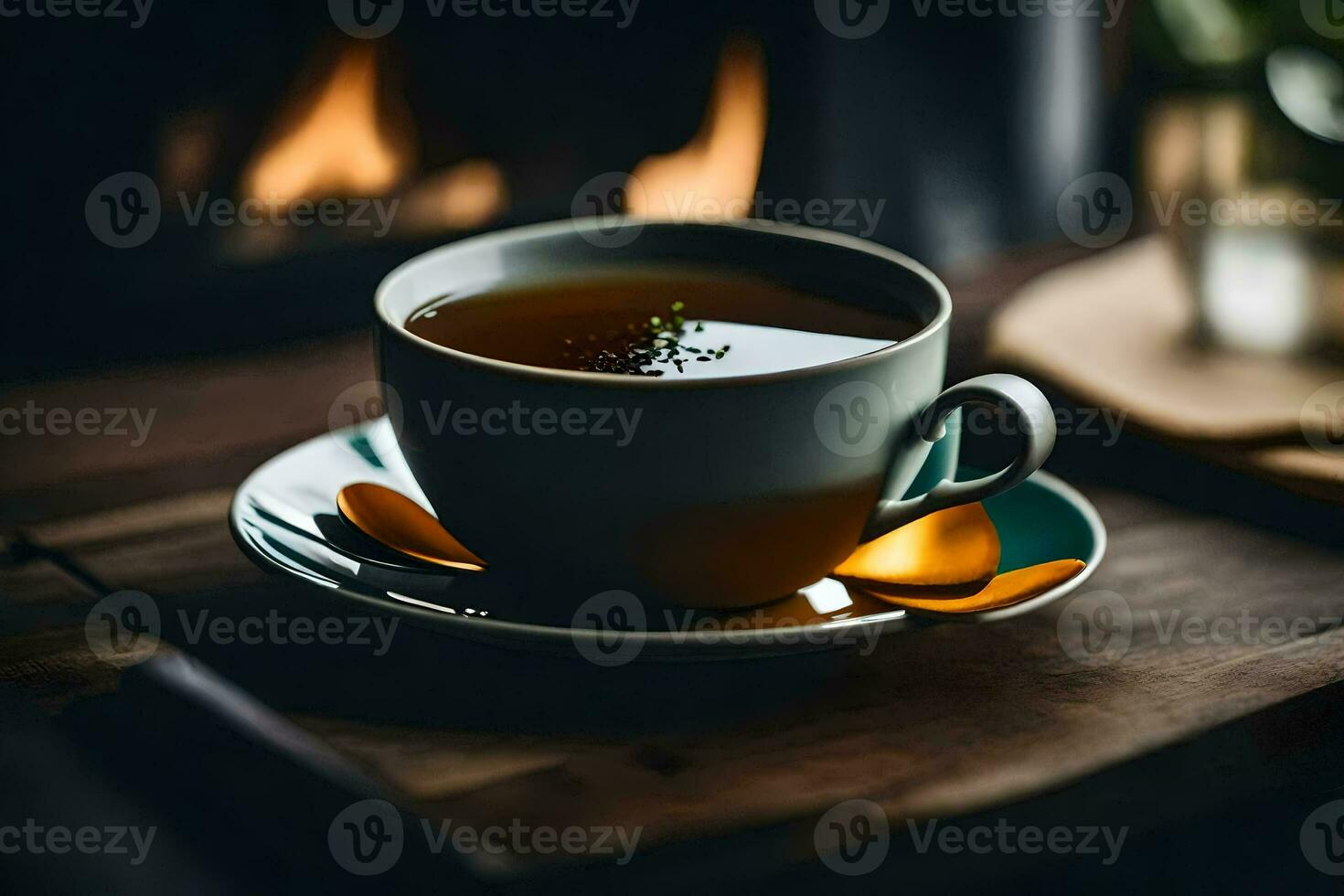 un taza de té en un de madera mesa en frente de un chimenea. generado por ai foto