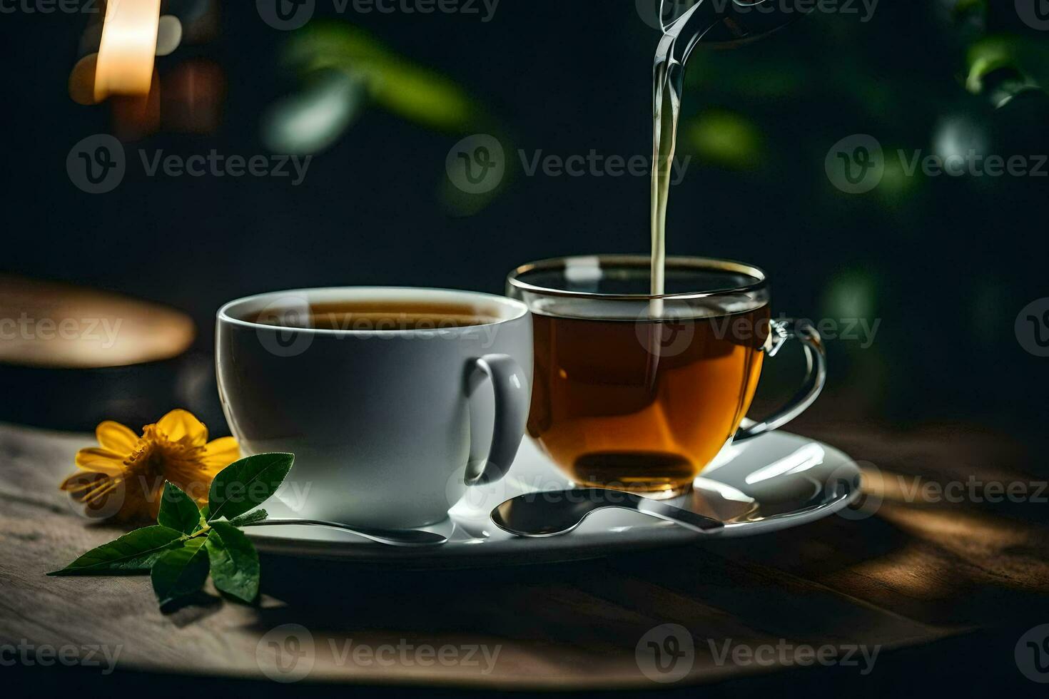 a cup of tea is being poured into a cup on a wooden table. AI-Generated photo