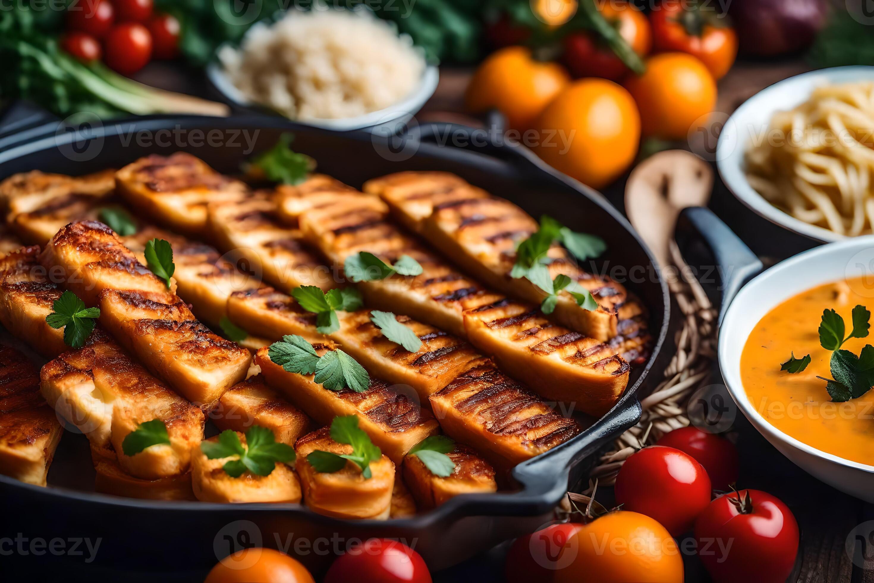 grilled tofu in a pan with tomato sauce and pasta. AIGenerated