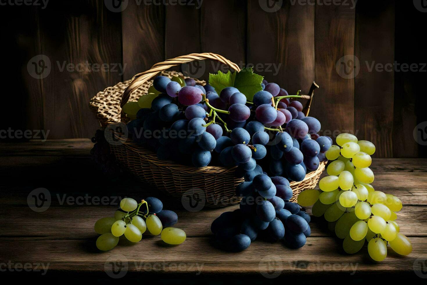 uvas, cesta, todavía vida, fruta, el oscuro, hd fondo de pantalla. generado por ai foto