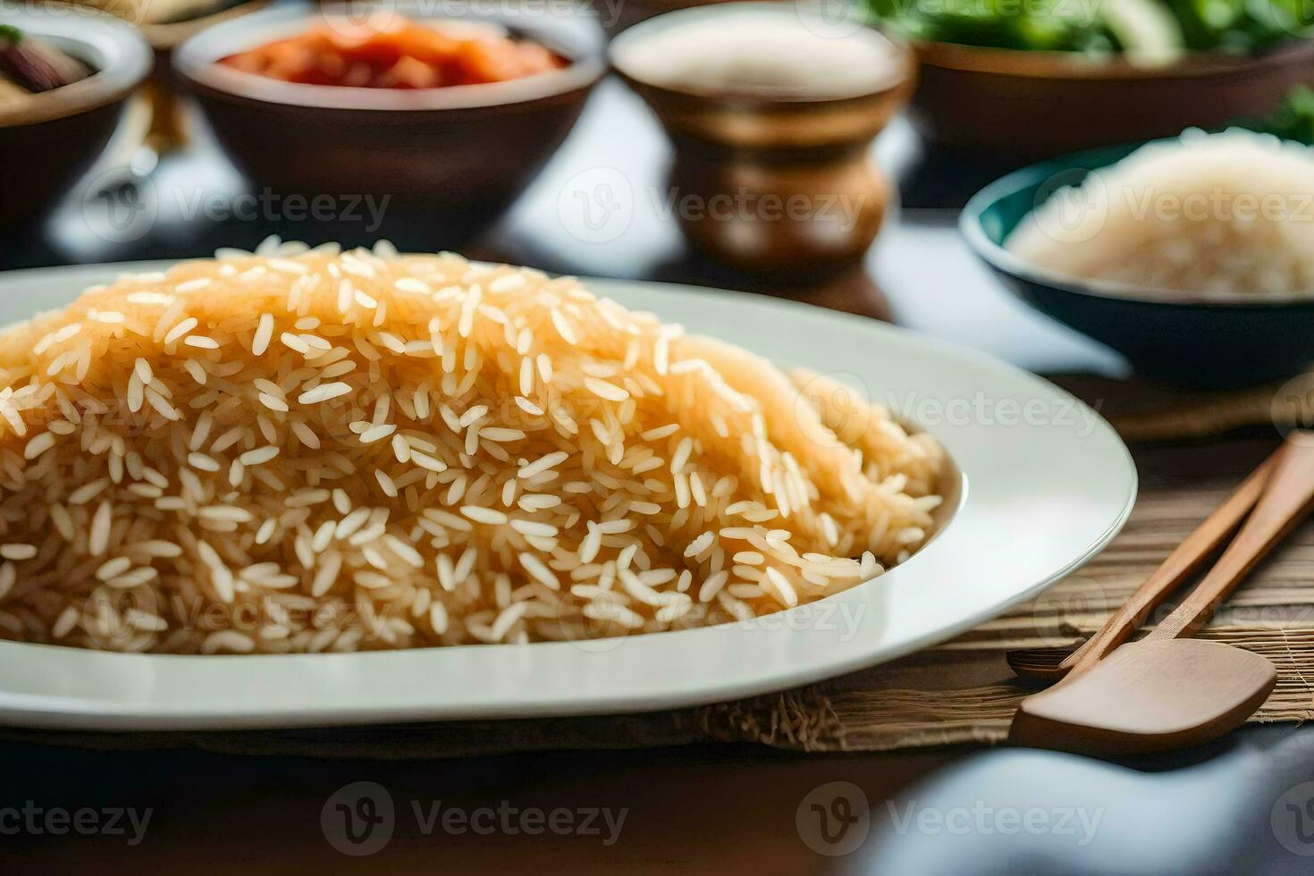 a plate of rice with chopsticks and bowls of food. AI-Generated photo