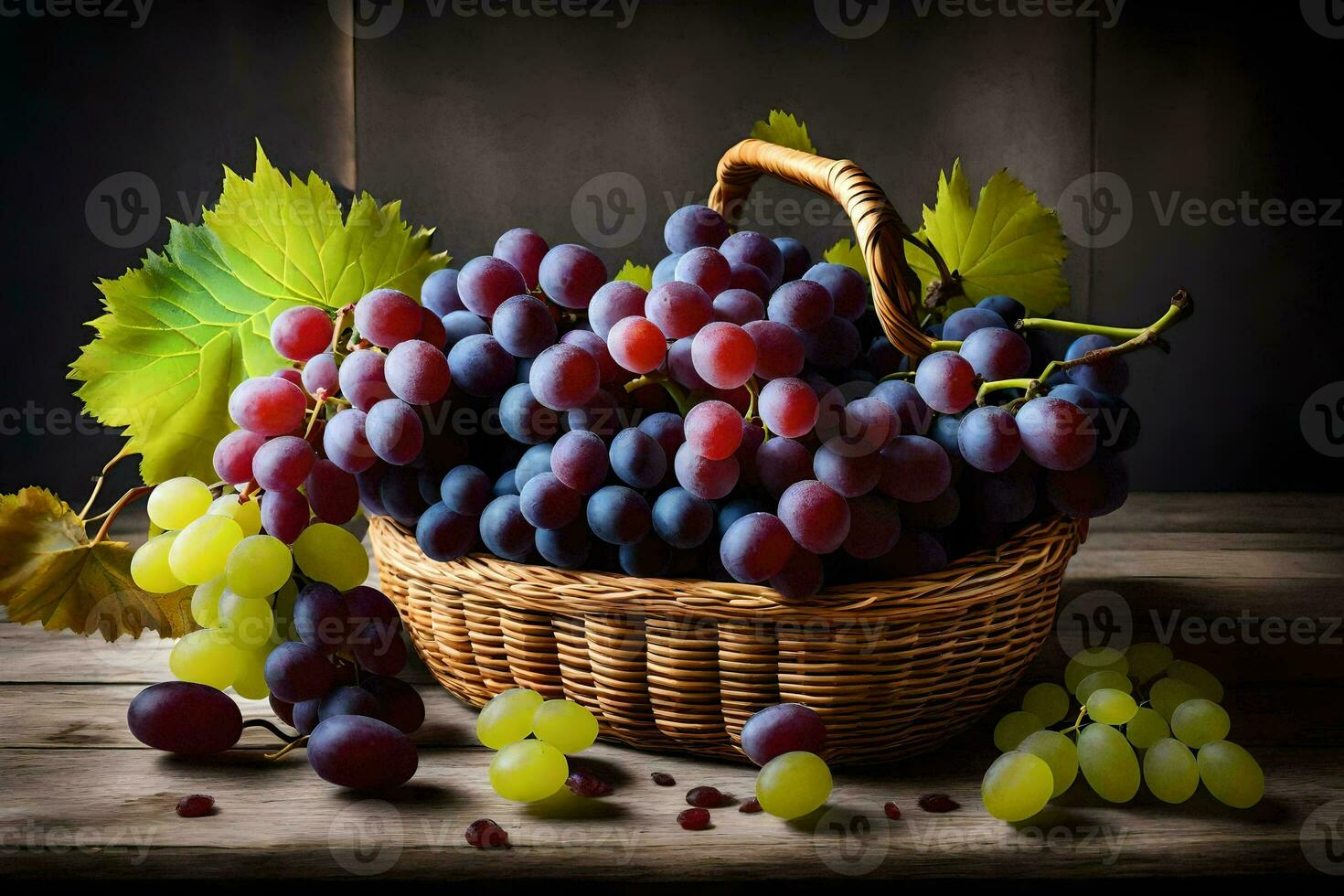 grapes in a basket on a wooden table. AI-Generated photo