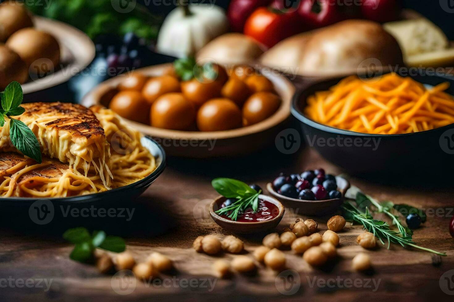 spaghetti with meatballs, vegetables and other foods. AI-Generated photo