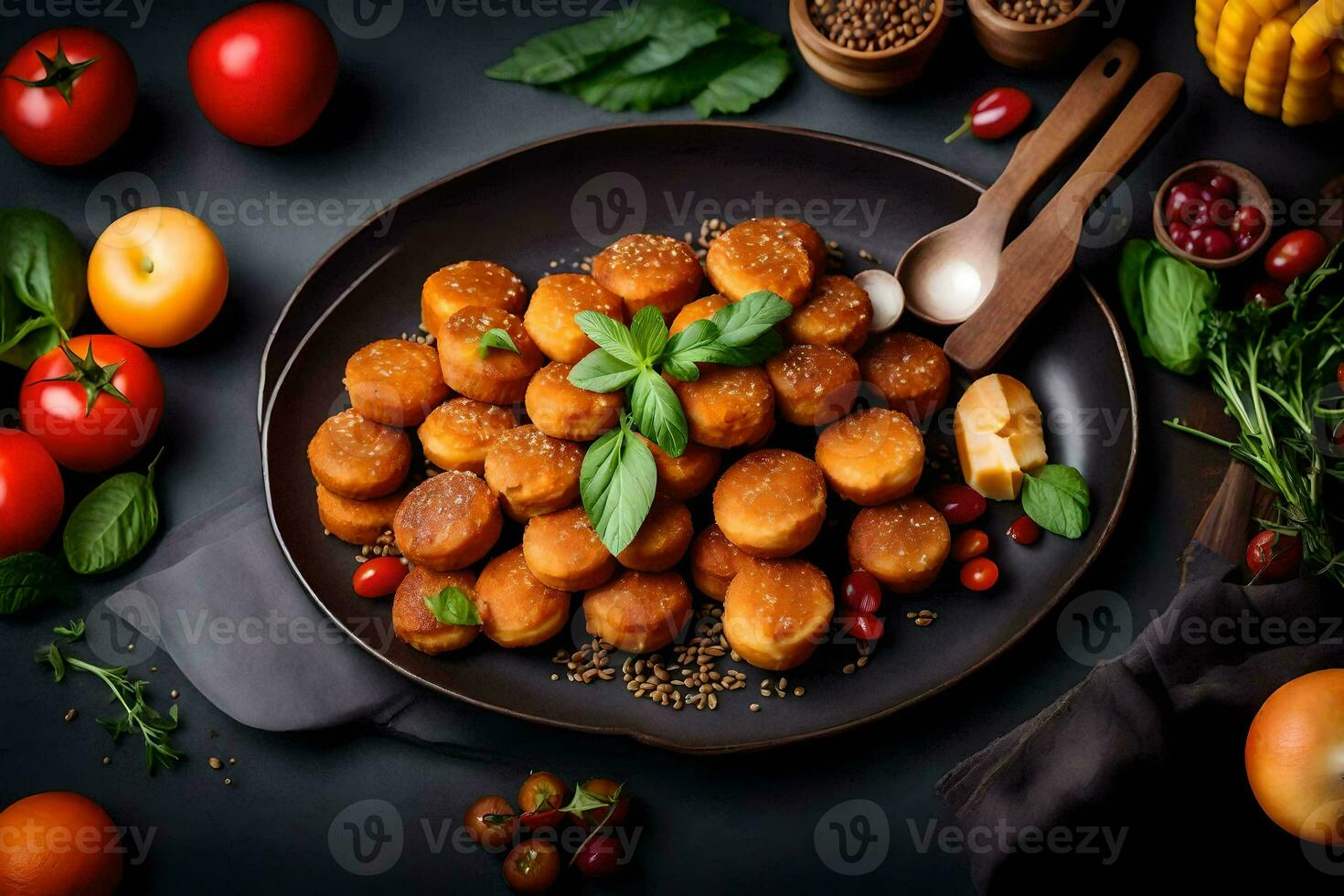 fried breaded potatoes with herbs and spices on a black plate. AI-Generated photo