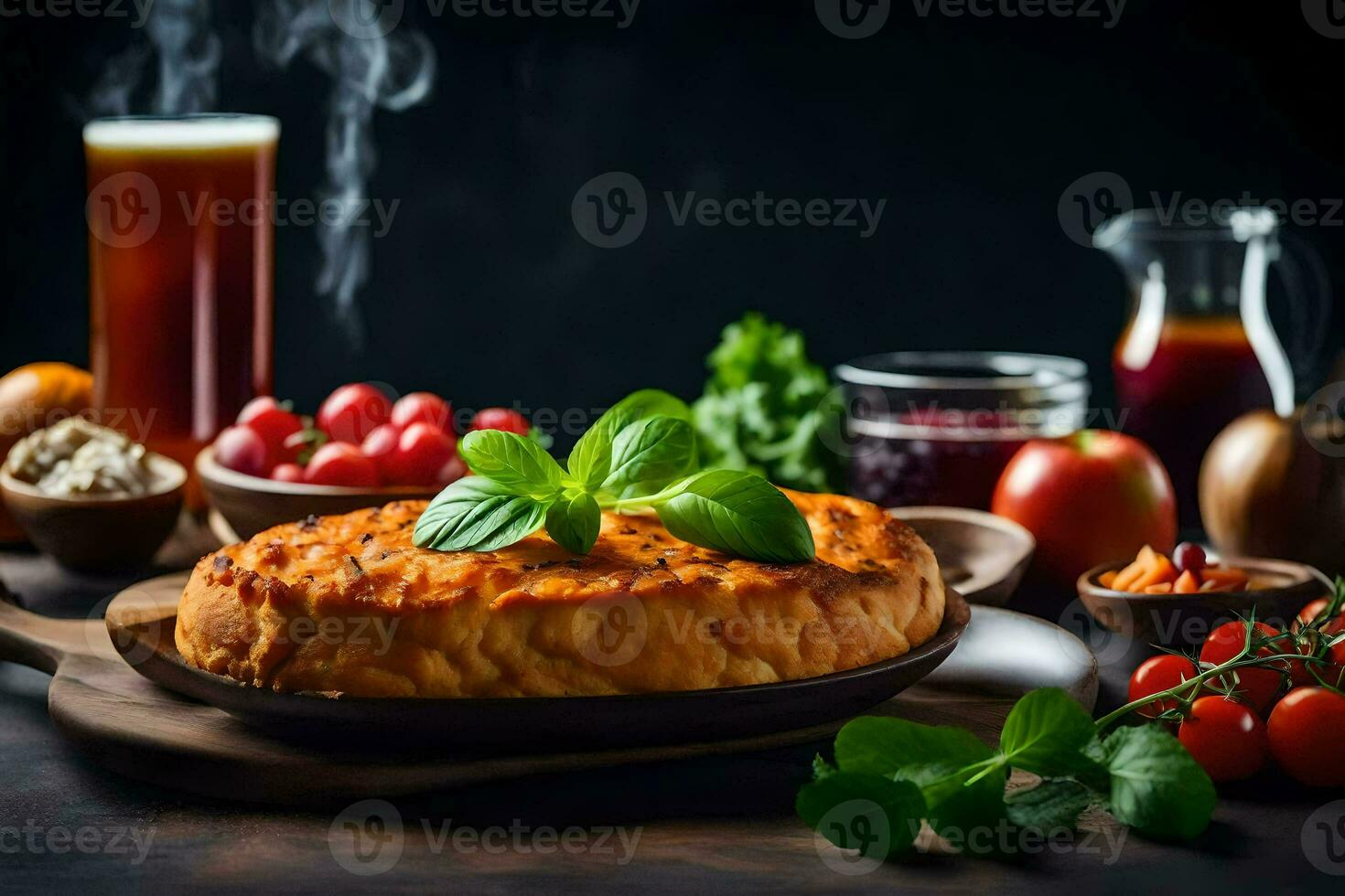 a pie with vegetables and other ingredients on a table. AI-Generated photo